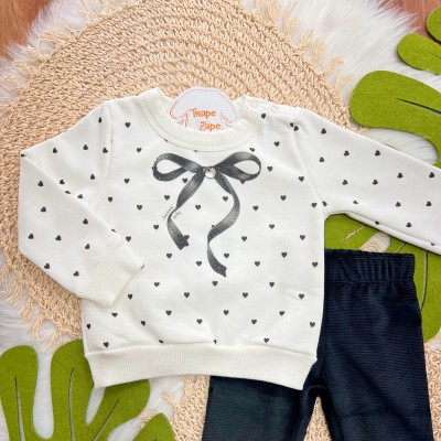 Conj. Casaco de Moletom Laço com Corações e Calça Legging - Off White e Preto